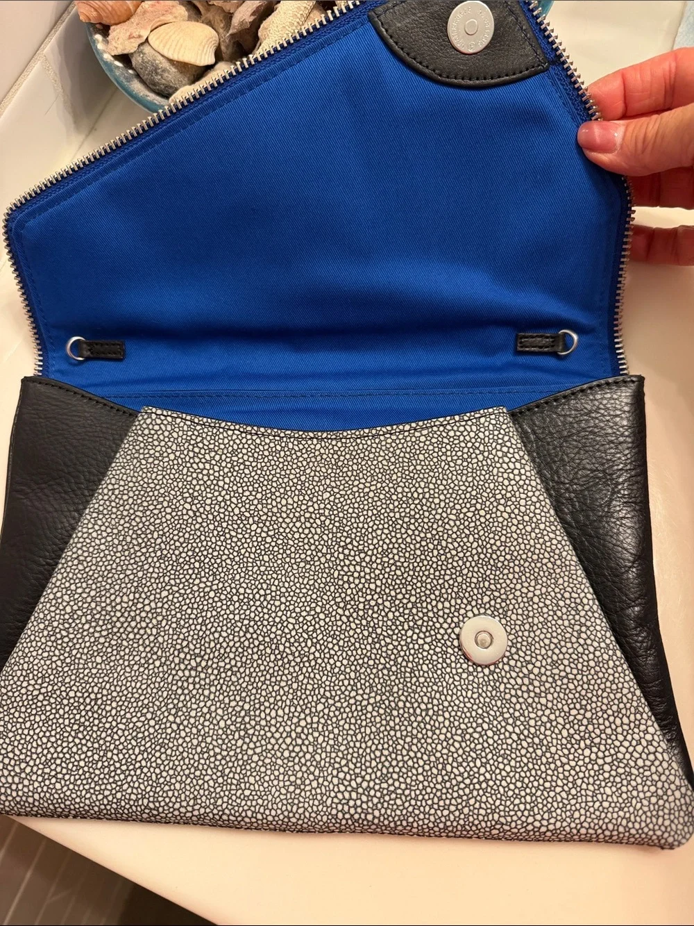 Halogen Black Clutch with Gray Pebbled Panel and Blue Trim